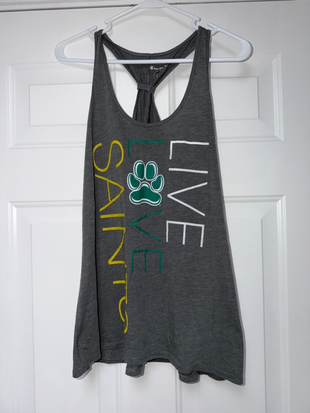 Siena SaintsChampion Dark Gray Racerback Tank with Green Paw and Yellow Accents